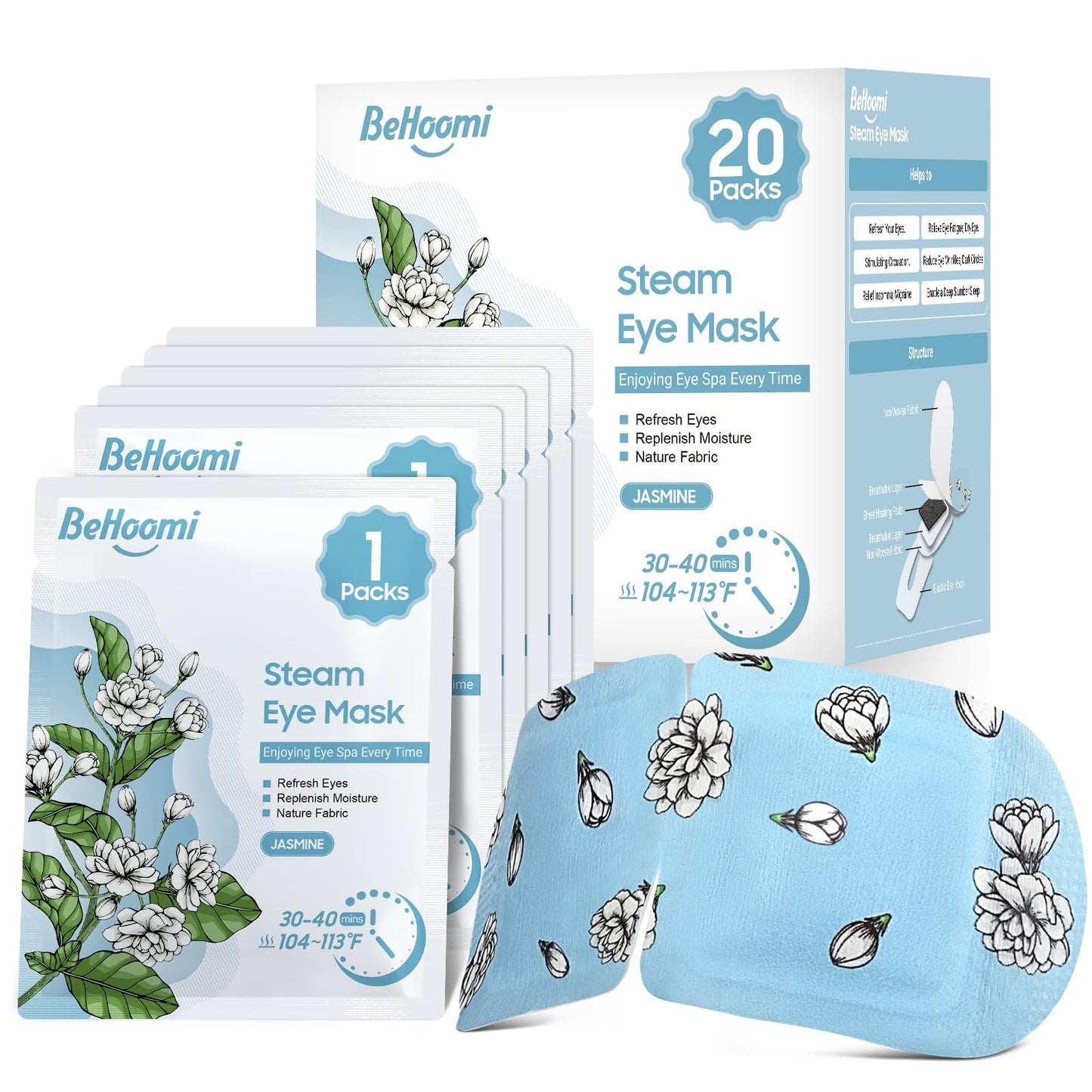 BeHoomi 20 Packs Steam Eye Mask, Heated Eye Mask Warm Compress for Eyes, Disposable Self Heating Steam Mask for Home, Sleep, Spa, Travel Essentials & Relaxation Gifts for Women (Jasmine)