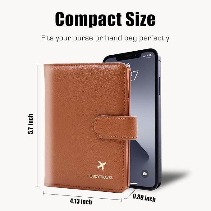 Cnycmy Passport Holder with RFID Blocking, Cash Pocket & Back Zipper Coin Pocket - Travel Document Holder, Magnetic Button, Multiple Card Slots - Soft PU Leather for Men and Women (BROWN)