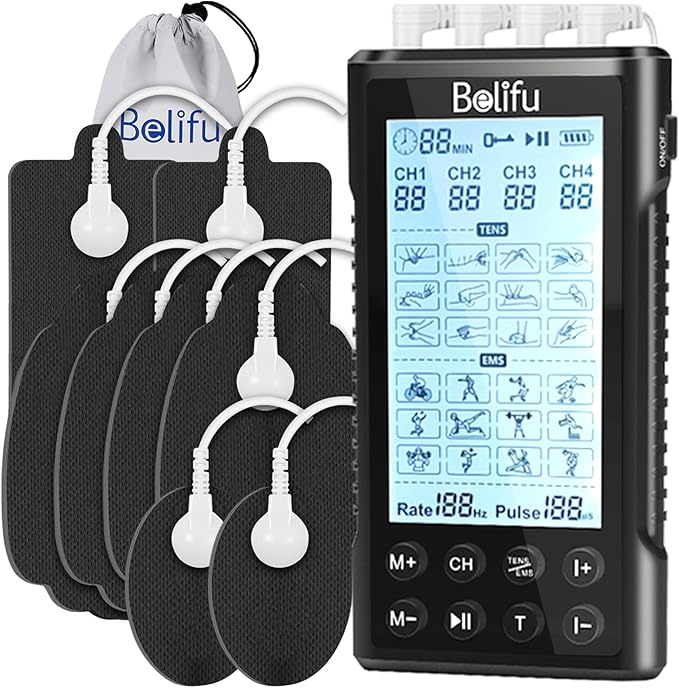 Belifu 4 Channel Tens Unit Electro Muscle Stimulator, Fully Isolated with Independent 24 Modes, Rechargeable Pulse Massager with Electrodes Pads for Neck Back Arms Chronic Pain Relief Body Building