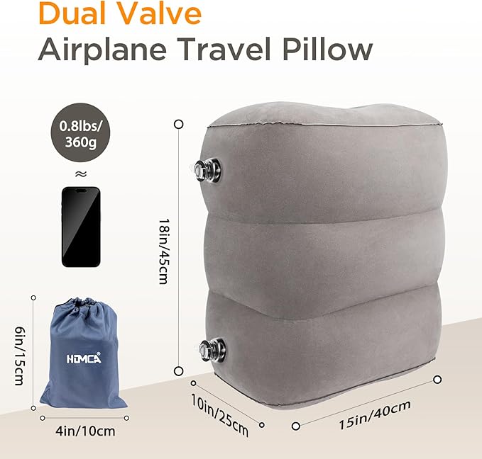 HOMCA Inflatable Travel Foot Rest Pillow, Adjustable Height Leg Pillow，Fast Inflating Airplane Bed for Toddlers，Footrest Pillow for Office, Airplane，Train，Cars，Home