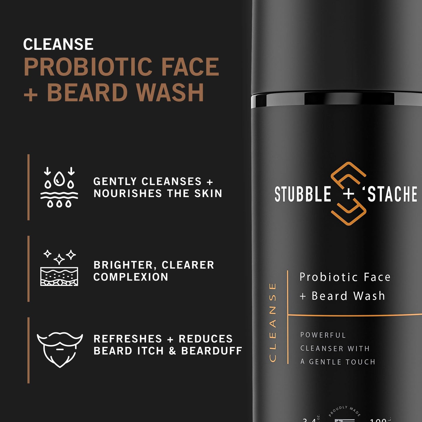 stubble & stache Face Wash and Beard Wash for Men – Daily Facial Cleanser with Niacinamide, Aloe Vera, Green Tea, and Probiotics – Fragrance-Free – 3.4 fl oz