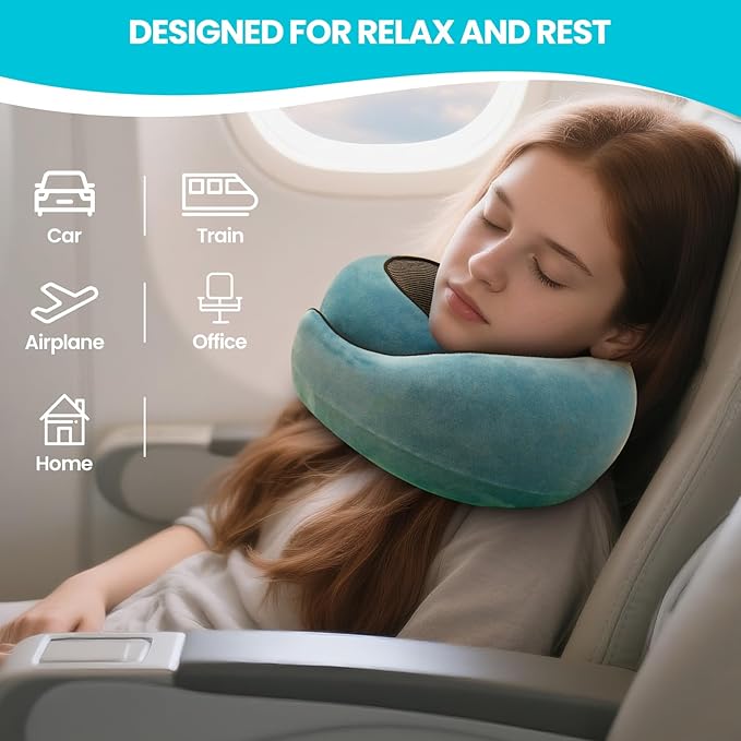 Travel Pillow uses Memory Foam to Support Neck Comfort, car Travel, Compact,Airplane Sleep Pillow Peacock Blue