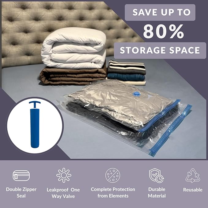 10 XL Jumbo Vacuum Storage Bags with Pump, Extra Large Compression Space Saver for Comforter, Duvet, Bedding, Blanket Storage, Vacuum Seal Bags for Clothing, Luggage Closet Organizer