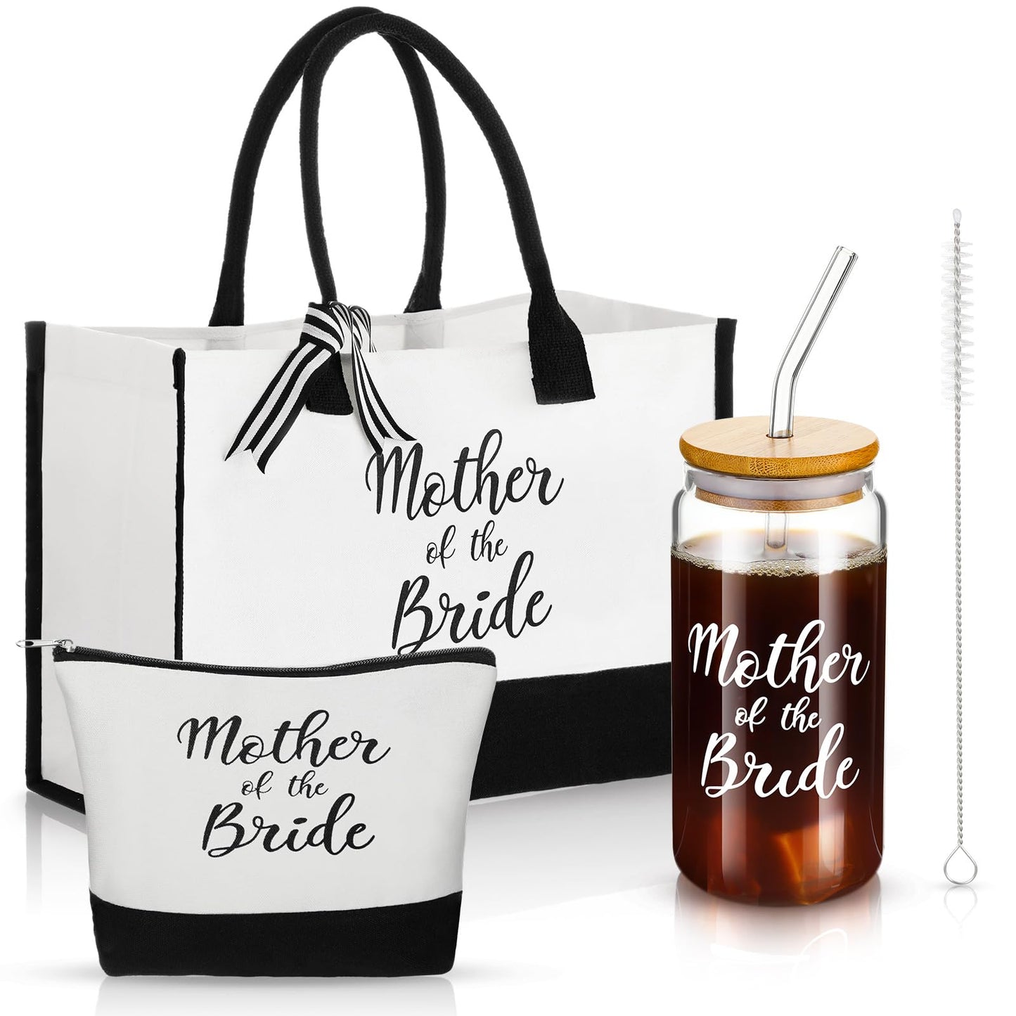 Zubebe 3 Pcs Bride Gifts Set for Bridal Shower Include Glass Cup Canvas Tote Bag Makeup Bag for Honeymoon Gift (Mother of the Bride)