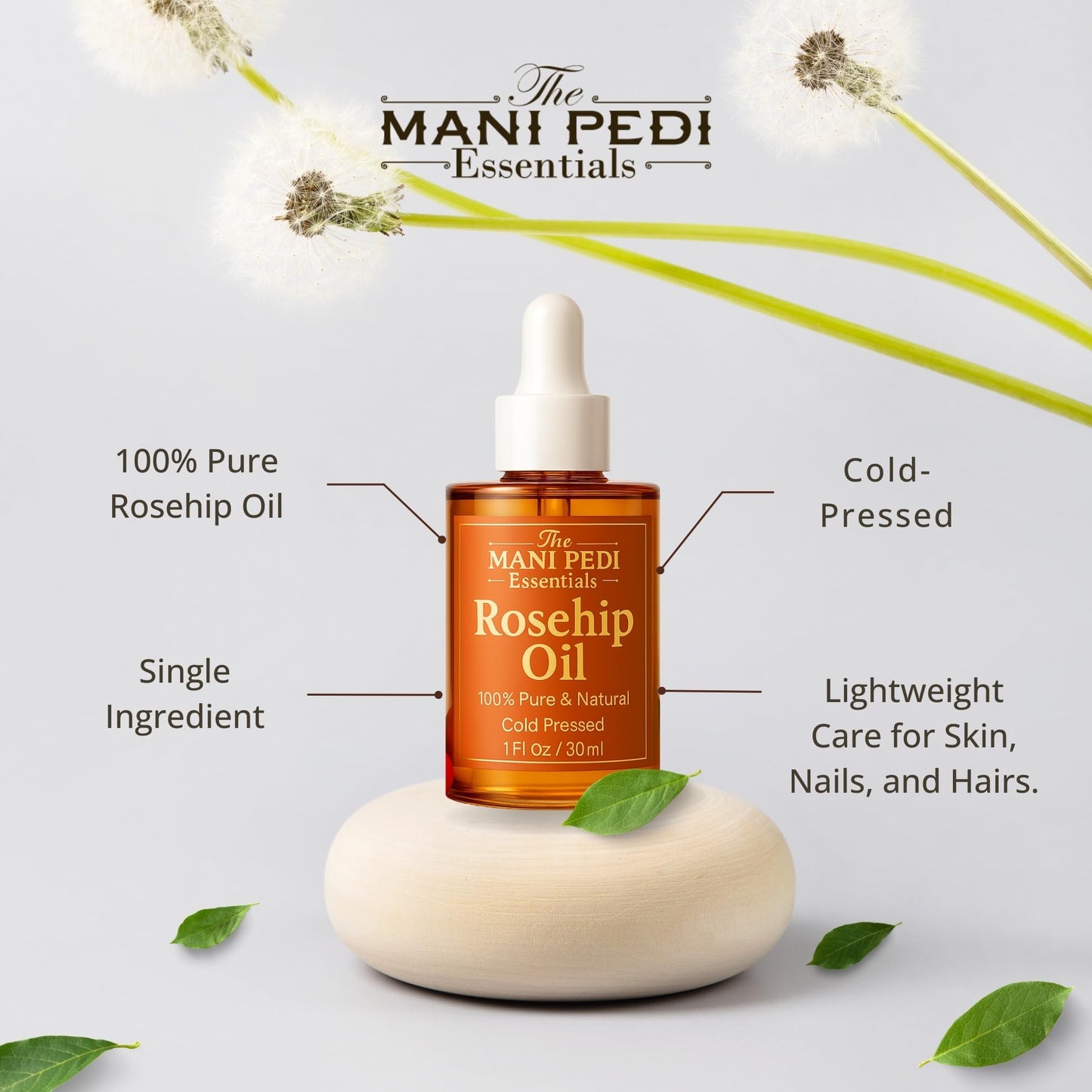 THE MANI PEDI ESSENTIALS Rosehip Oil for Face. 100% Pure, Natural, Cold-Pressed & Organic. Natural wealth of vitamins that help nourish & hydrate your skin - 1 Fl Oz
