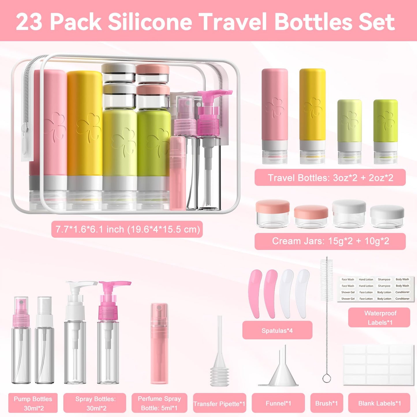23 Pack Travel Bottles for Toiletries, TSA Approved Travel Shampoo Bottles, Silicone Travel Containers for Toiletries, Leak Proof Refillable Travel Essentials for Liquids Shampoo and Conditioner