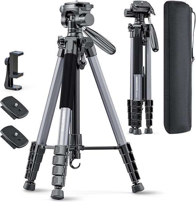 74"-Camera-Tripod, Professional Aluminum Tripod/Leg Stand Mirrorless Camera/DSLR/Cell Phone/Camcorder/GoPro, with Phone Holder and Travel Bag (Gunmetal Gray) Weight 2.8 lbs Load 8.8 lbs