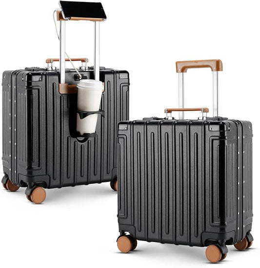 18 Inch Carry On Luggage Suitcase Locks TSA Approved Hardside Lightweight Suitcase with Cup Holder TSA Lock Carry On Luggage with USB Port Phone Holder Suitcases with 360° 8 Double Spinner Wheels