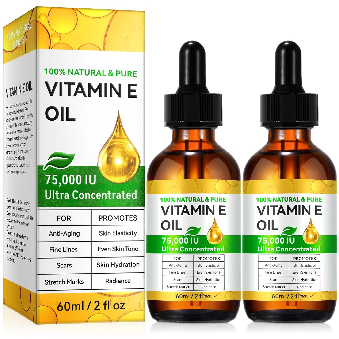 WHLH & WELL-BEING Pure Vitamin E Oil for Skin Face Hair Scars, Blend 75,000 IU, Moisturizing Dry Skin Winkles Hair and Scalp Pack of 2