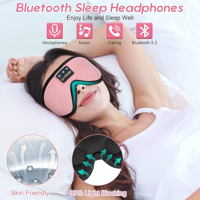 LC-dolida Sleep Headphones, Sleep Mask Bluetooth Wireless Music Eye Mask, Sleeping Headphones for Side Sleepers Sleep Mask with Bluetooth Headphones Ultra-Thin Stereo Speakers Perfect for Sleeping