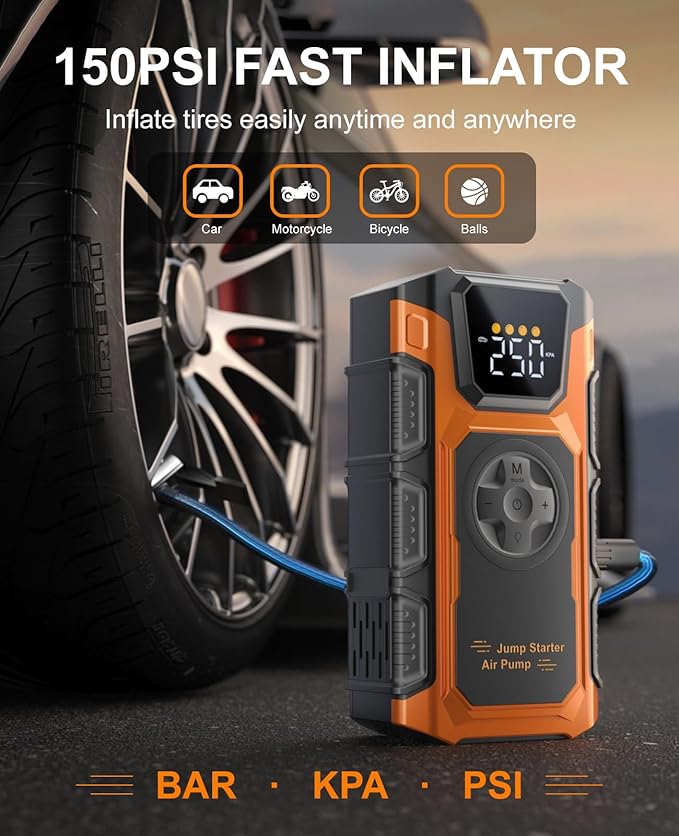 Jump Starter with Air Compressor, 5000A Car Battery Charger Power Jump Box Start 12V Vehicles(Up to 8.5L Gas&7.0L Diesel Engines) Portable Car Booster Jumper Pack Combo150 PSI Tire Inflator