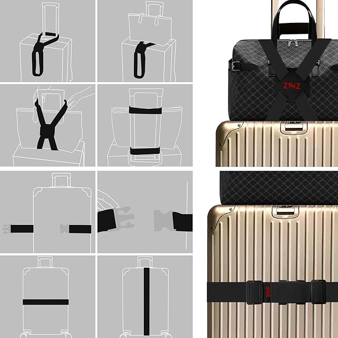 2-Pack Elastic Luggage Straps with Suitcase Bungee, Adjustable Bag Belt Travel Accessories -Black/Red