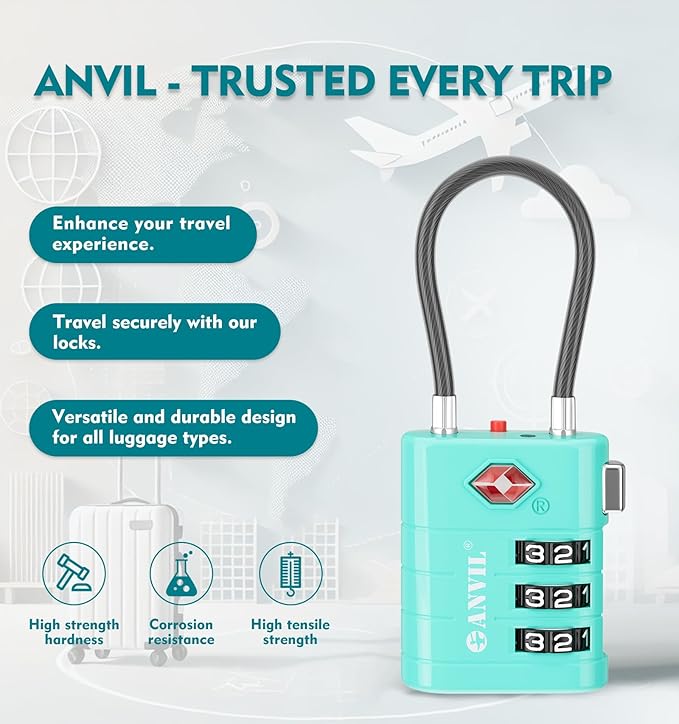ANVIL TSA Approved Luggage Locks – High Security TSA008 Combination Travel Locks with Inspection Indicator for Suitcases and Backpacks. (4, Cyan)