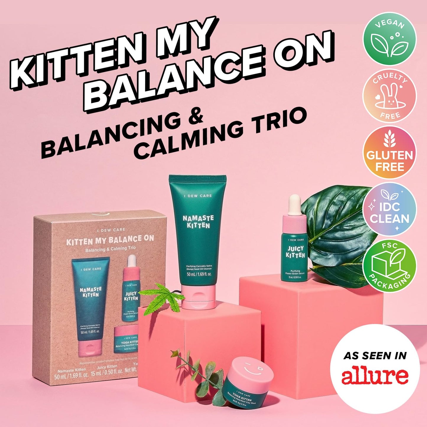 I DEW CARE Blemish Heartleaf Skincare Set - Kitten My Balance On | Foam Cleanser & Wash-off Mask & Serum, Clear and Soothe Irritation, Abosorb Excess Oil, Gentle Face Wash, Travel Size