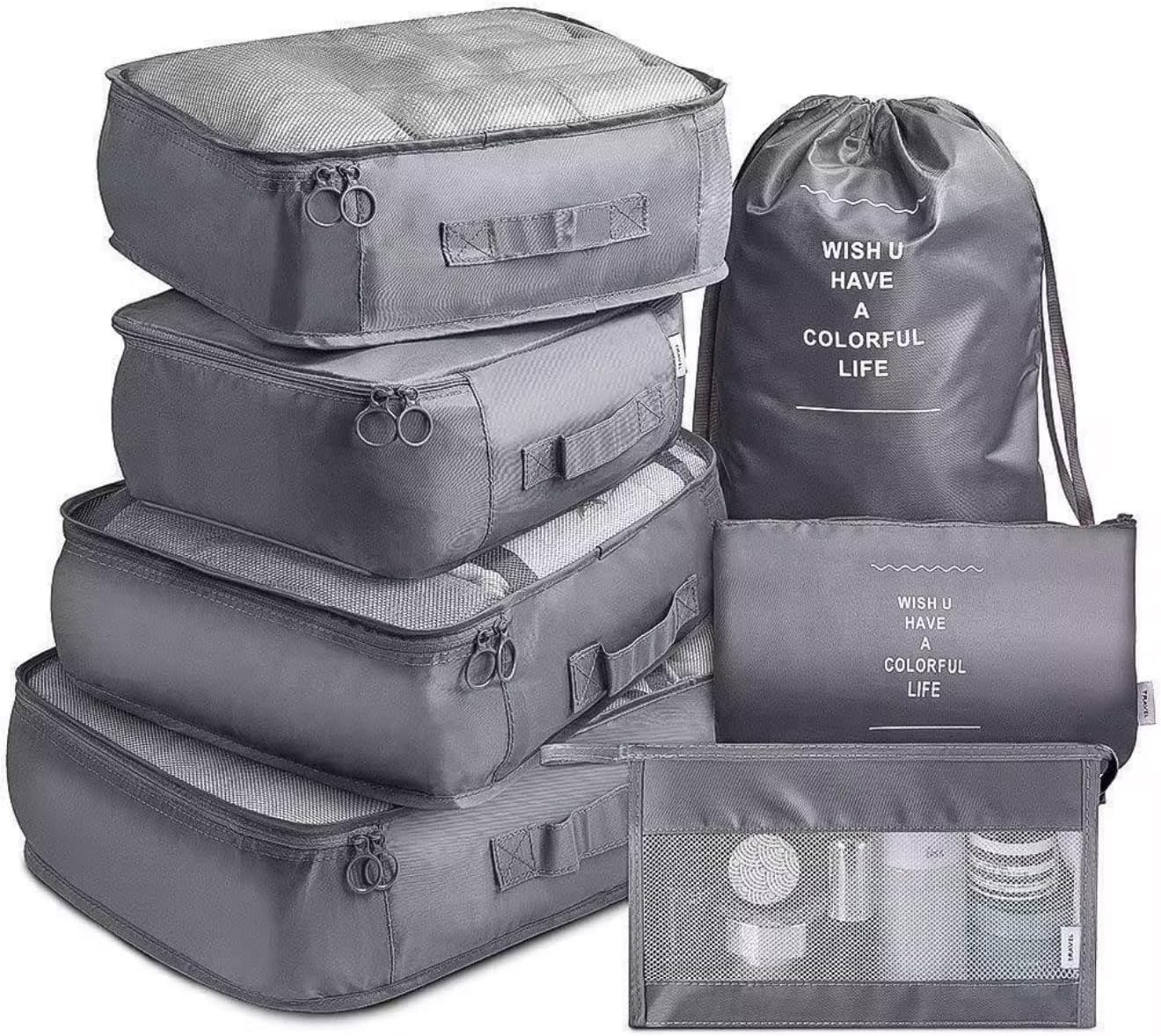 Travel Packing Organizer Bags, 7 Piece Set (Gray)
