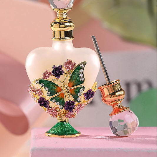 Joyeee Mini Glass Empty Perfume Bottles, 1 Pack Miniature Vintage Crystal Glass Charm Decorative Perfume Decanter, Essential Oil Container for Travel and Business Trip, Golden