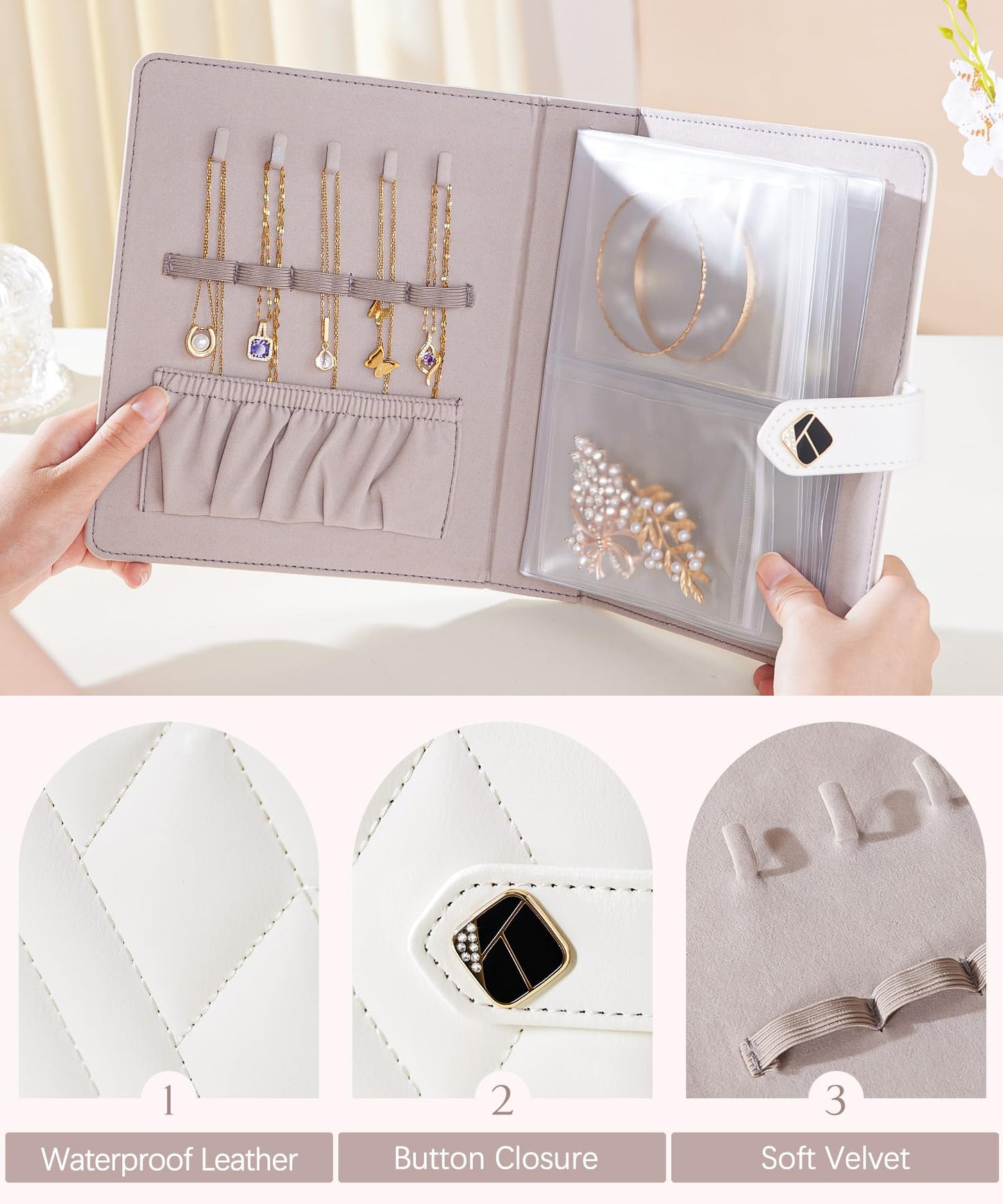 Homde Women Travel Jewelry Box: Traveling Organizer for Ring Necklace Bracelet - Storage Book with Plastic Pouches for Friend Sister Mother