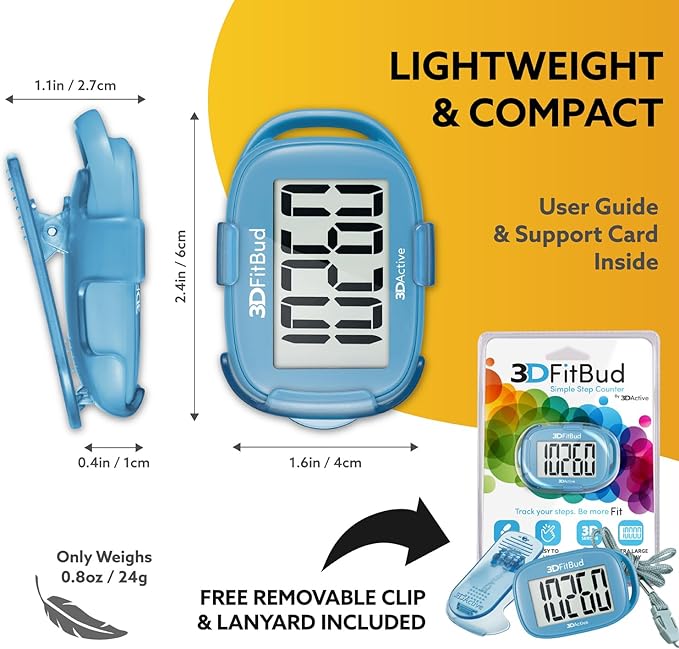 3DFitBud Simple Step Counter Walking 3D Pedometer by 3DActive with Clip, Lanyard Accurate Fitness Tracker for Men, Women & Elderly Daily Exercise - A420S