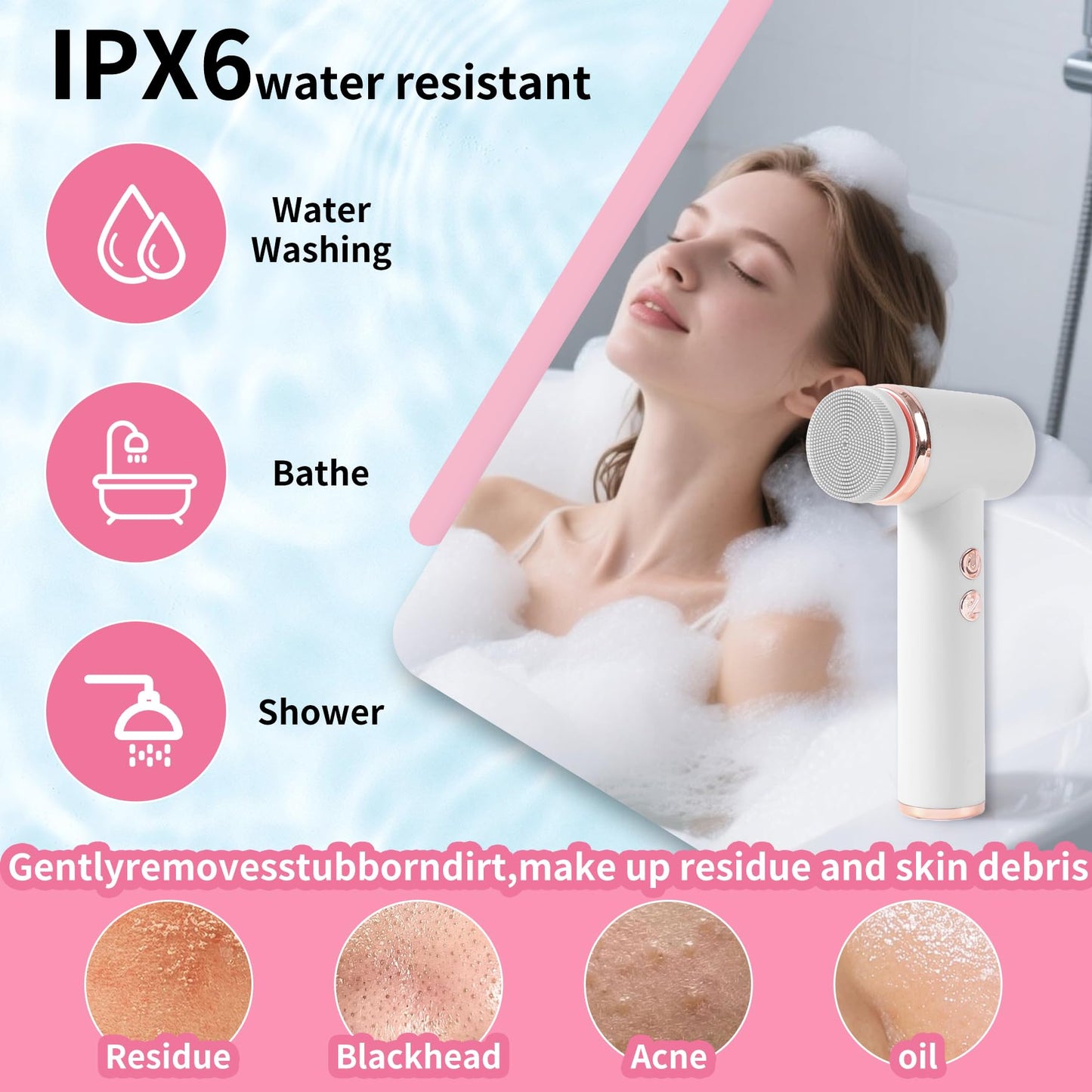 4 in 1 Facial Cleansing Brush, Multi Function Electrical Face Wash, Brush IPX6 Waterproof Portable Face Scrubber, 5 Speed Adjustable, 2 Rotation Directions Adjustable, Gift for Women Men (White)