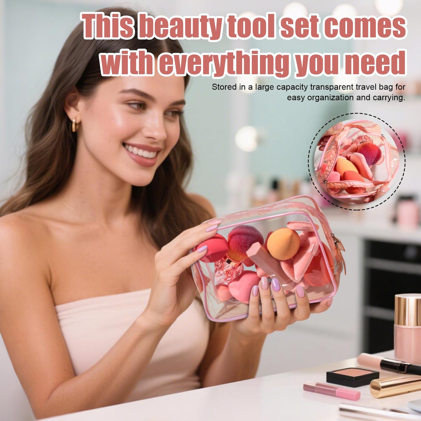 BS-MALL Makeup Sponge Set With Diamond-shaped Kabuki Powder Brush - 14 Pcs Portable Blender Sponge, Triangle Puff And Multi-functional Sponges For Liquid, Cream,With Travel Case (Orange Pink)