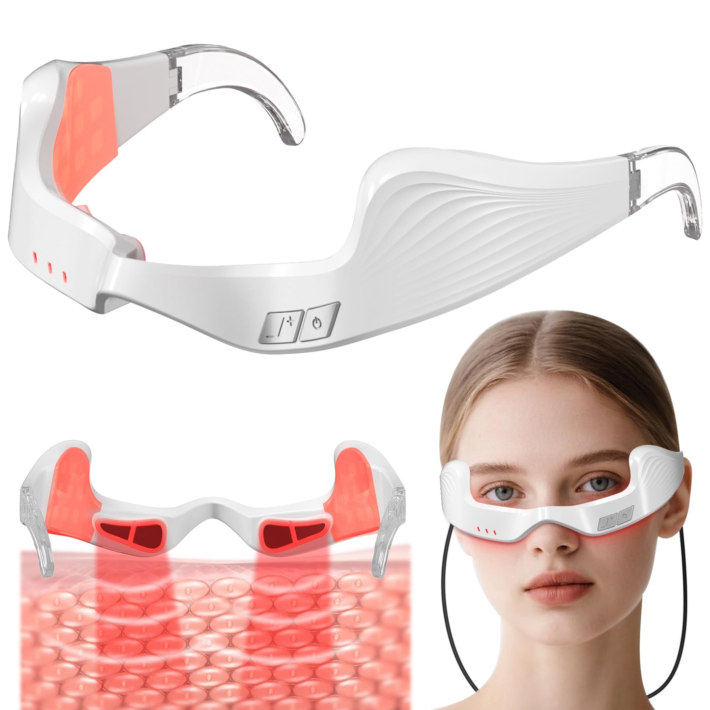 Queleay Under Eye Red Light Therapy Device, 650nm Red Light Therapy Eye Massager for Relieve Eye Bags, Eye Fatigue, Dark Circles, with Glasses Strap, Light-Weight, Hands-Free Use