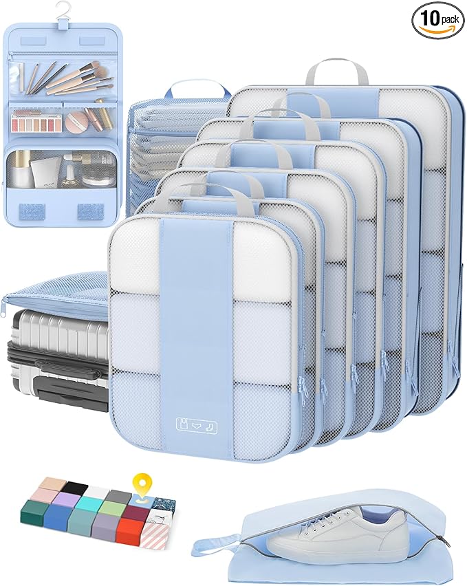 10 Set Compression Packing Cubes for Travel Essentials,Compressible Expandable Packing Cubes for Suitcase,OlarHike Luggage Organizer Bags for Travel,Handy Helper for Organizing Clothes(Light Blue)