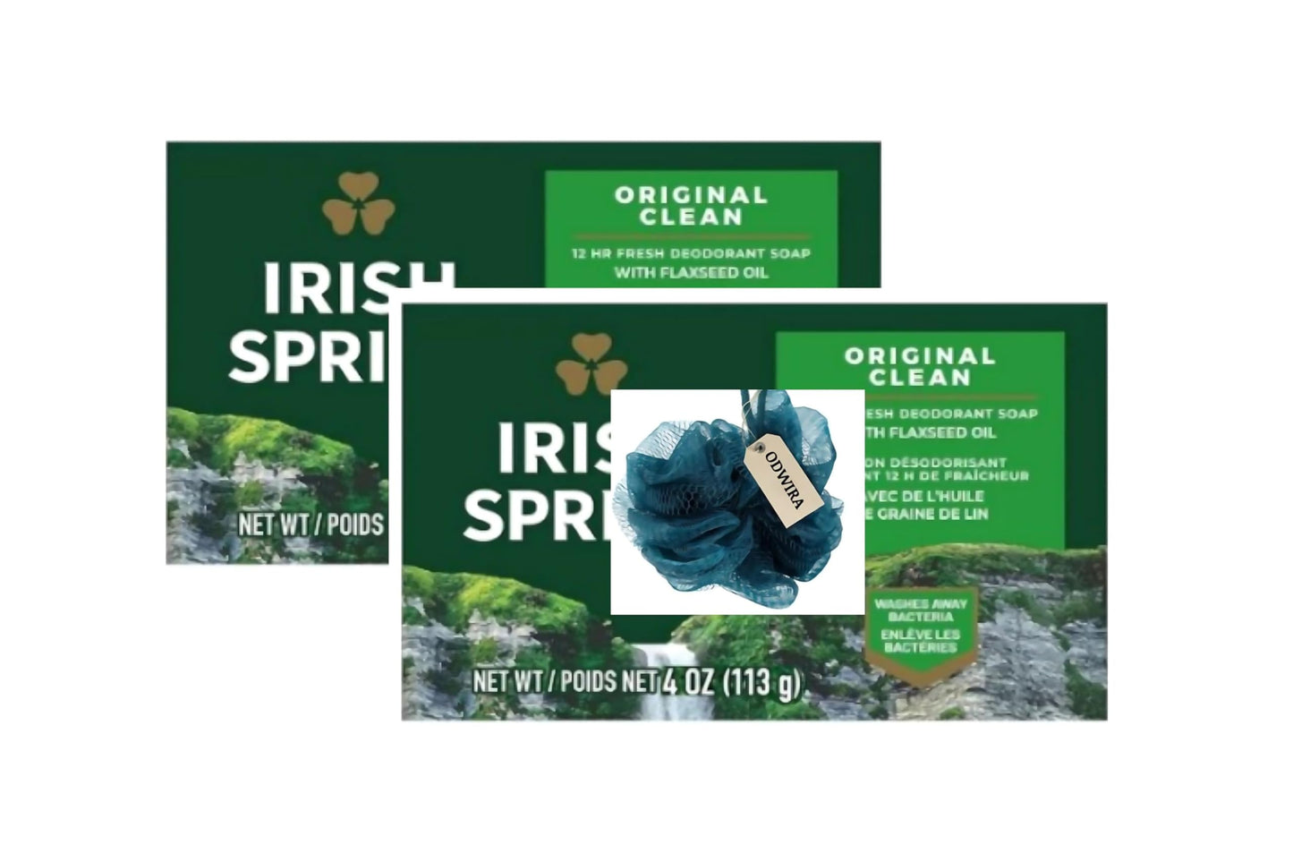 2-Pack Deodorant Irish Bar Soap, Mild for skin, 12 hours small fresh, Spring Soap for Washing Face,Body,Hand, 4oz each (total 8 oz) + 1 Shower Sponge for Irish Spring Bar soap.