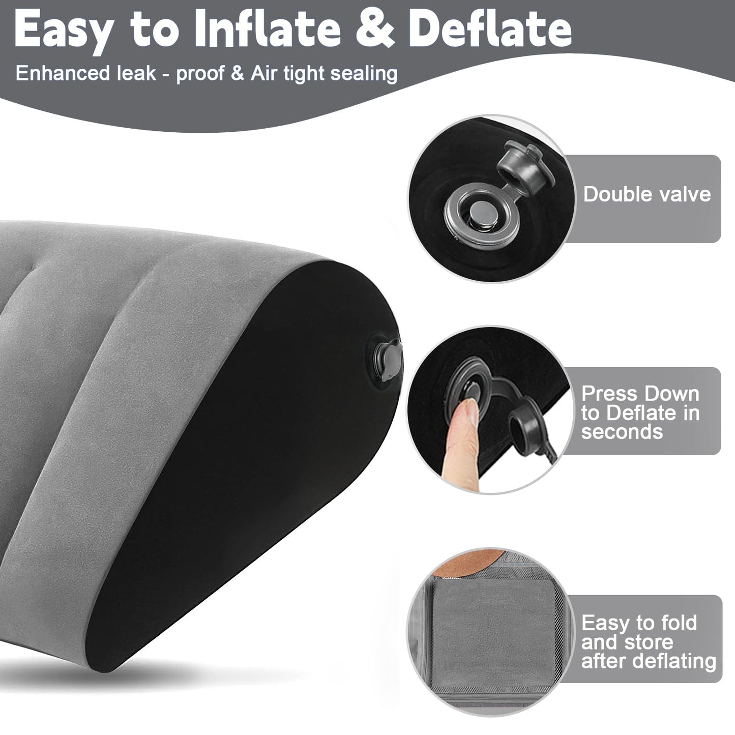 Portable Wedge Pillow Inflatable Cushion - Body Positioners Lightweight Wedge Pillow for Sleeping, Leg Elevation, Use in Bed, Travel, Camping, Fast Inflating Deflation (Grey)
