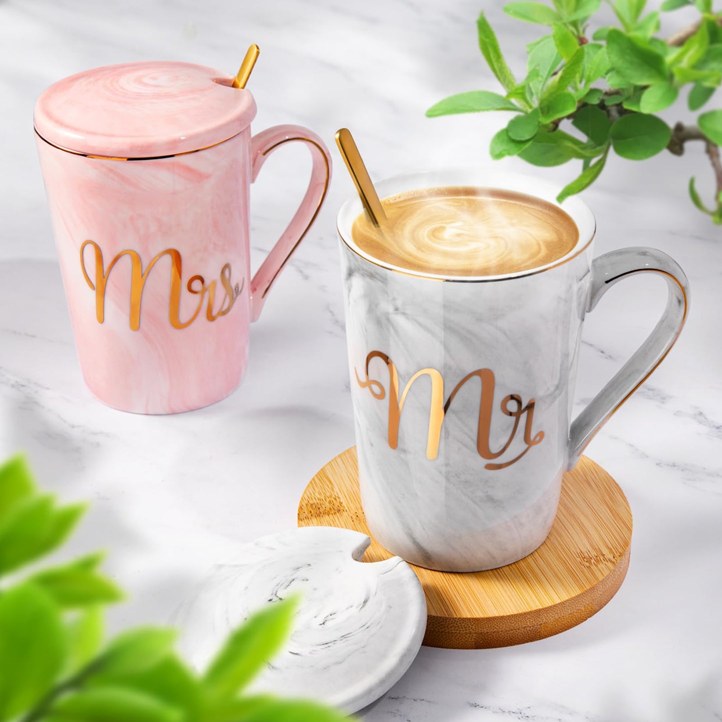 Biching Wedding Gifts for Couples 2025, Couple Gift for Anniversary - 14oz Ceramic Marble Mr and Mrs Mugs Set, Present for Bridal Shower Engagement Bride and Groom, with Greeting Card, Luxury Gift Box