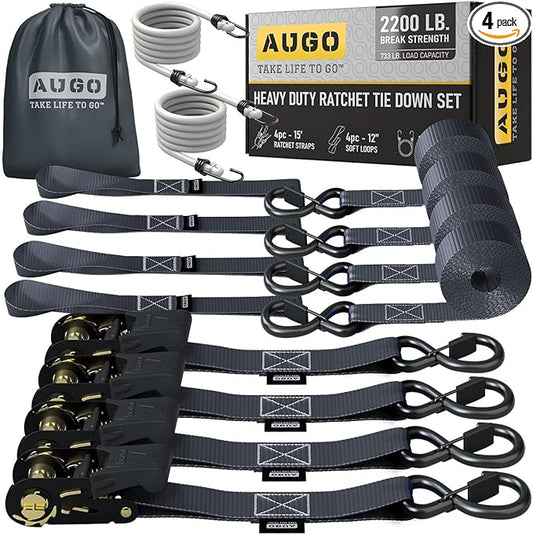 AUGO Ratchet Straps Heavy Duty 4 Pack -15 FT - 2200 LB Break Strength – with Safety Lock S Hooks - Cargo Straps for Moving, Appliances, Motorcycle – Soft Loop Tie Downs