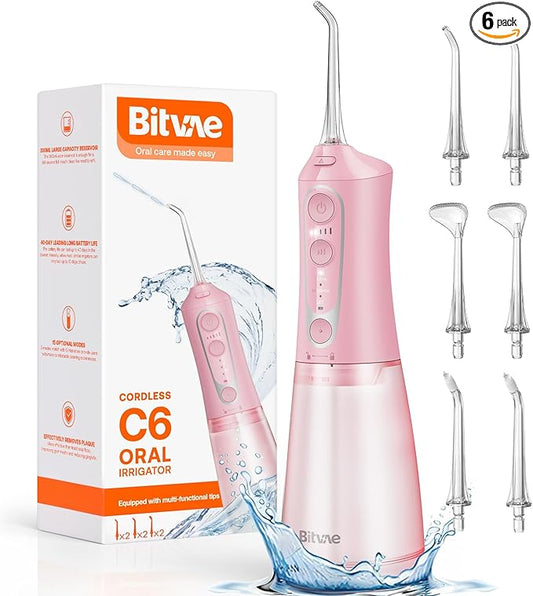 Bitvae C6 Water Dental Flosser Teeth Picks, Portable Cordless Oral Irrigator, IPX7 Waterproof Braces Flossers Cleaner, 5 intensities 6 Jet Tips, Rechargeable Water Dental Picks for Cleaning, Pink