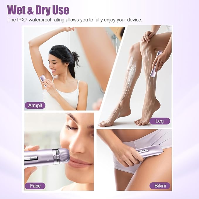 Bikini Trimmer for Women 2 in 1, Dual Head Womens Electric Shaver, Electric Razors for Pubic Hair, IPX7 Waterproof Rechargeable Facial Hair Removal for Shaving Underarm Leg Arm Body Face, Purple