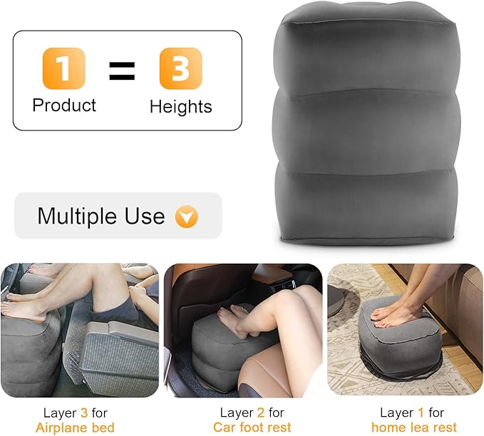 Maliton Inflatable Travel Foot Rest Pillow, Airplane Bed for Kids, Car Foot Leg Rest Pillow, Adjustable Height for Airplane, Car, Train, Home, Office(Dark Grey, 1 Pack)