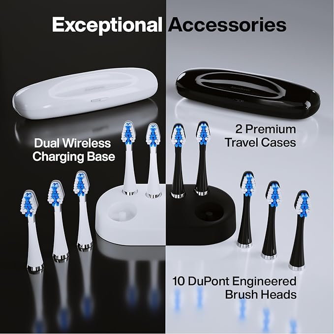 Aquasonic Duo - Dual Handle Ultra Whitening 40,000 VPM Wireless Charging Electric ToothBrushes - 3 Modes with Smart Timers - 10 Dupont Brush Heads & 2 Travel Cases Included