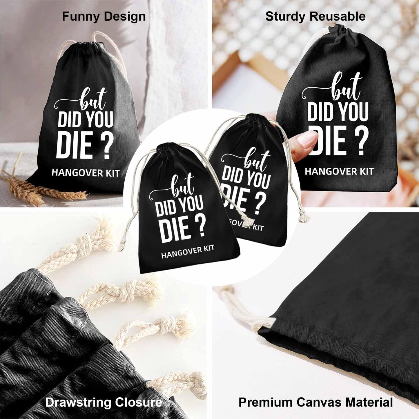 XIKAINUO Set of 10 Funny Cotton Muslin Drawstring kit Black Bags - But Did You Die, Bachelorette Hangover Survival Kit Engagement Wedding Party Bridal Shower Recovery Kit Gifts