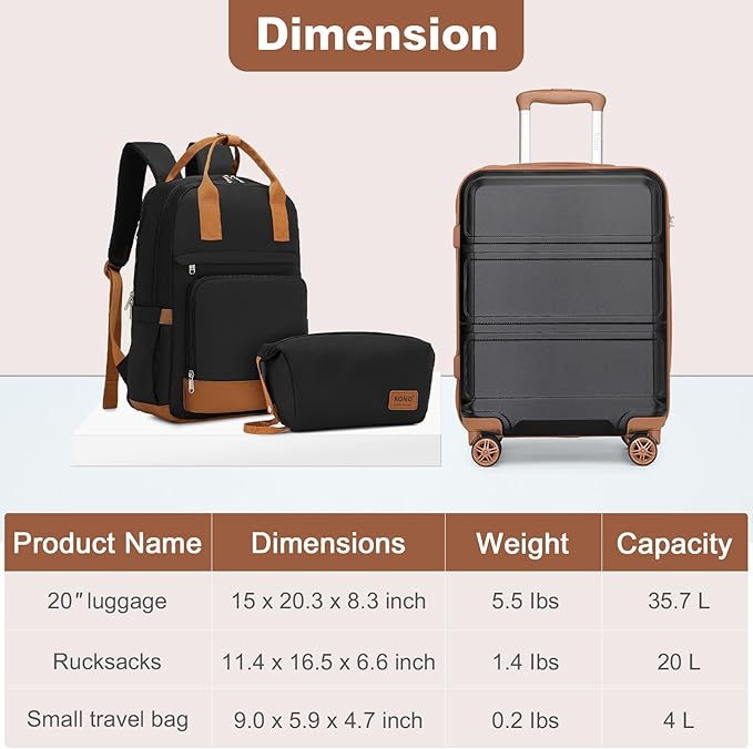 Kono Luggage Set 3 Piece Carry On Hardside Luggage with TSA Lock Spinner Wheels Carry On Suitcase Apricot Black