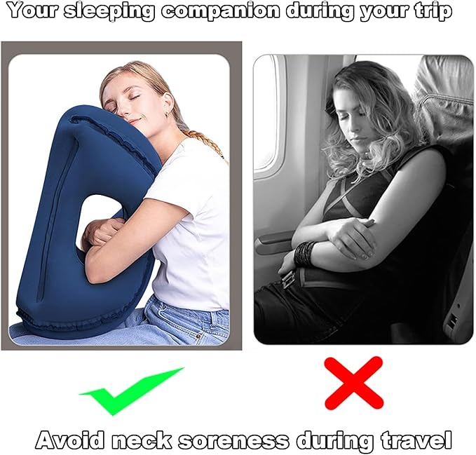 Inflatable Travel Pillow | Airplane Neck Pillow & Portable Inflatable Neck Support - Multifunctional for Flights, Cars, Office Use, with Eye Mask & Earplugs (Blue)