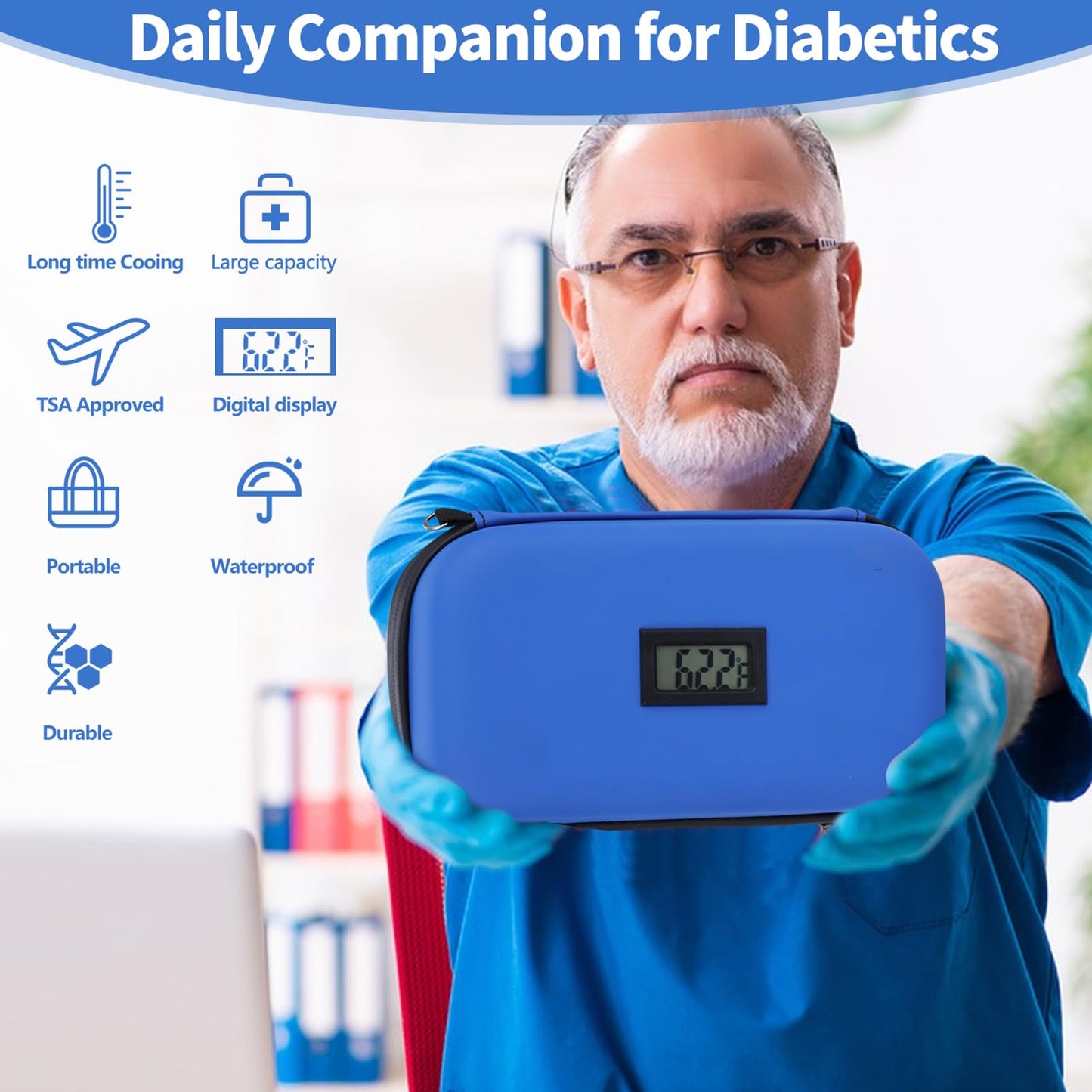 HIMDUZE Insulin Cooler Travel Case TSA Approved Refrigerated Medicine Cooler for Travel w/Thermometer Temperature Diabetic Travel Case w/2 Reusable Ice Packs for Daily Life Trip, Blue