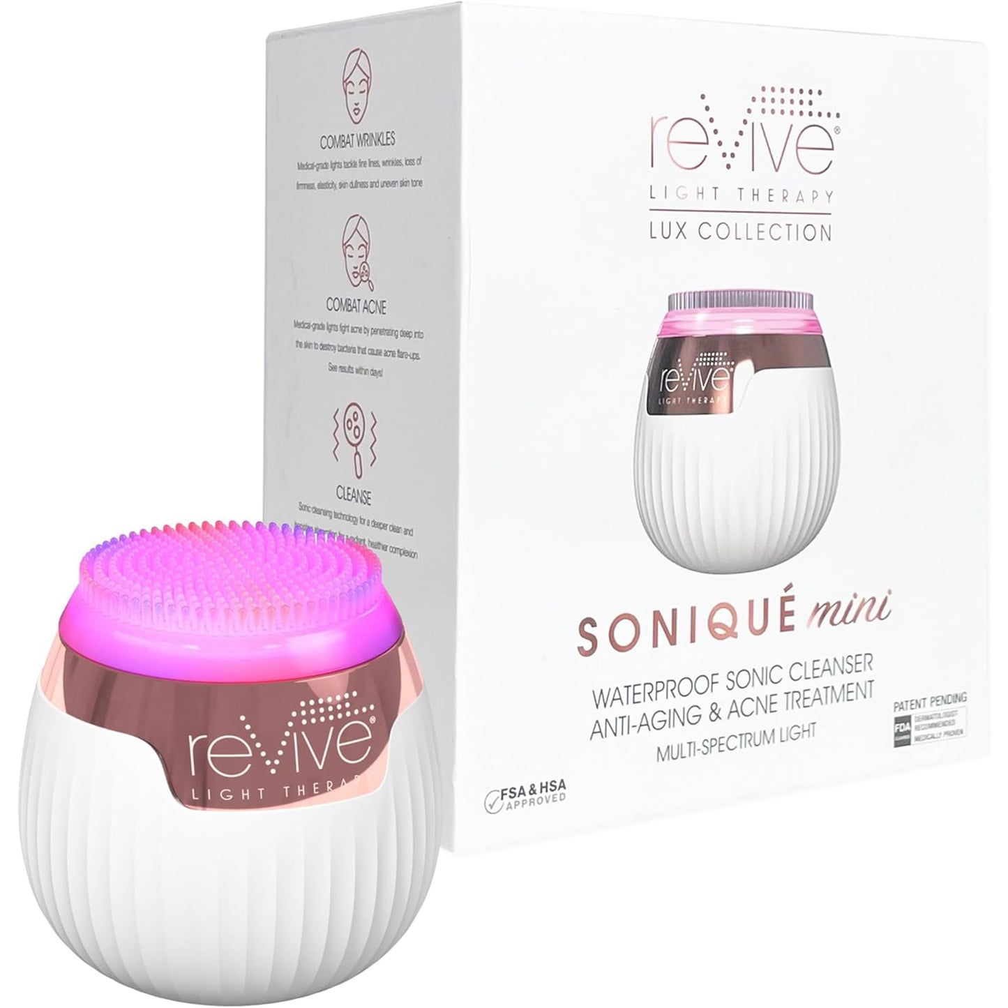 Revive Light Therapy Lux Collection Soniqué Mini, Rechargeable Sonic Face Cleanser Brush with Medical-Grade Blue & Red Light Therapy for Face, Acne & Wrinkle Care, Water-Resistant