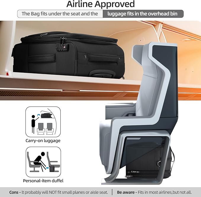 Carry-On Luggage Bag Travel Duffel Personal Item Bag Carry-On UnderSeat Travel Tote Overnight Weekender Bag Expandable Duffel Underseat Bag with Adjustable Strap, Black