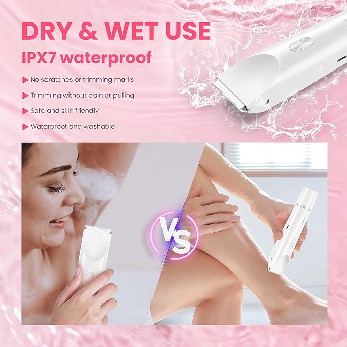 Bikini Trimmer for Women-2 in 1 Dual Head Electric Razors,IPX7 Waterproof Bikini Electric Shaver,Dry & Wet Use Painless Bikini Shaver,Pubic Hair Trimmer for Private Area & Body Hair,White