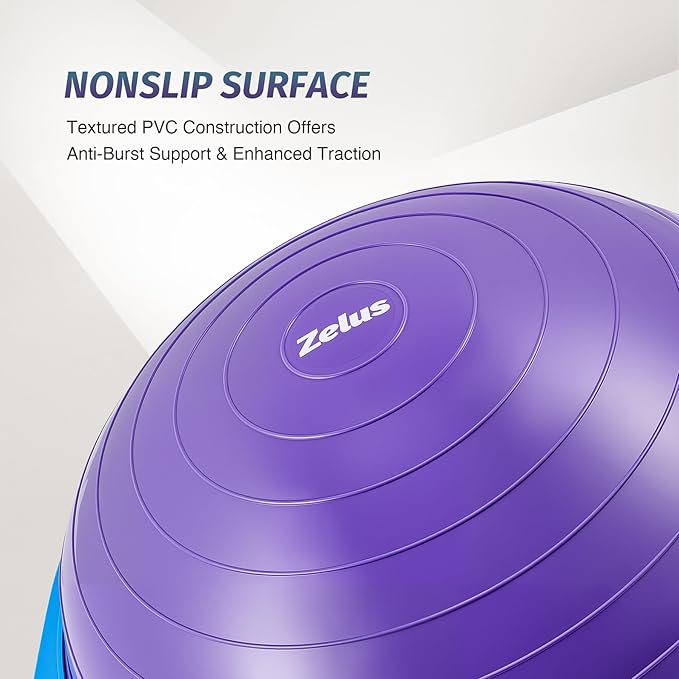 ZELUS 25in. Balance Ball | 660lb Inflatable Half Exercise Ball Wobble Board Balance Trainer w Nonslip Base | Half Yoga Ball Strength Training Equipment w 2 Bands, Pump, Extra Ball Included