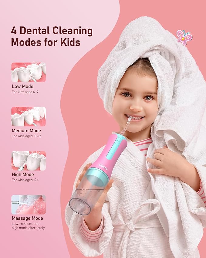Kids Water Flosser Pink, Rechargeable Oral Irrigator for Kids Aged 6+, 4 Modes, 3 Jet Tips, Fun Stickers, Safe and Gentle Oral Care