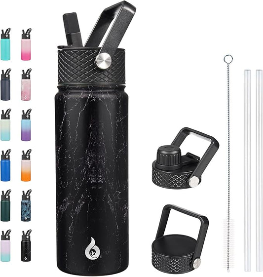 BJPKPK Insulated Water Bottles with Straw Lid, 22oz Cold & Hot Thermo, Stainless Steel Metal Water Bottle with 3 Lids, Reusable Thermo, Cups, Mugs for Daily Use-Midnight