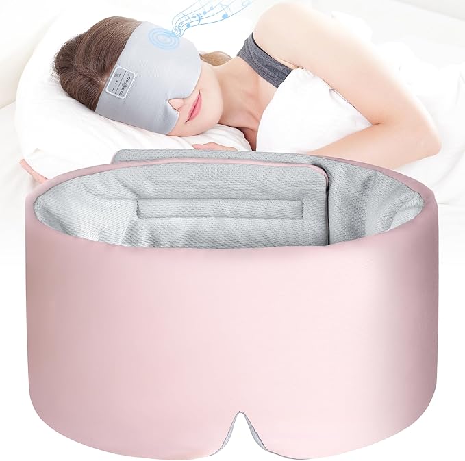 MUSICOZY Ice Silk Sleep Headphones with Bluetooth Mask, Eye Mask for Sleeping in Total Darkness, 5.4 Bluetooth Sleep Mask Sleep Headphones, Soft, Gifts for Men Women (Pink)