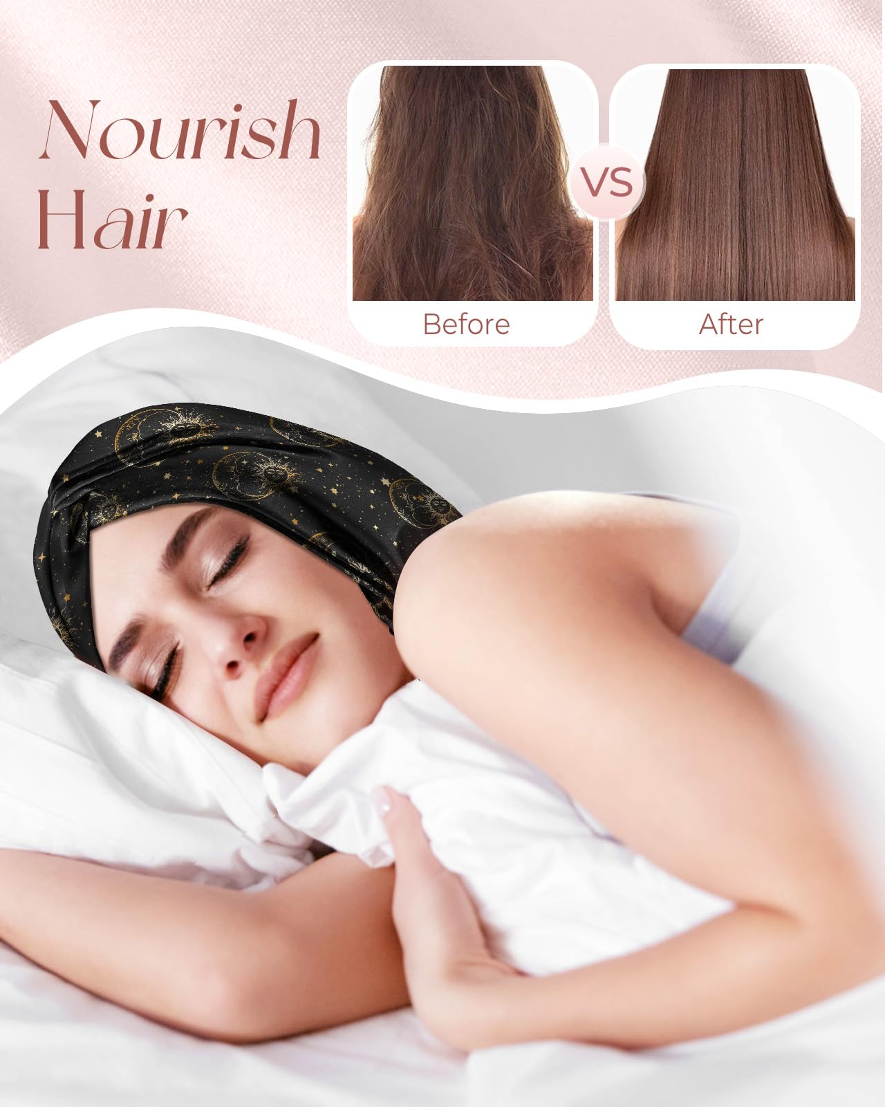 Miss Adola Silk Bonnet for Women - Mulberry Silk Sleep Cap for Hair Care with Eye Mask & Scrunchie 19 Momme Night Cap Sleeping Set with Elastic Stay On Head, Black Sun Moon