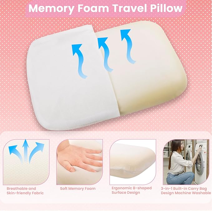 Blanket Pillow for Airplane Travel Essentials - 3 In 1 Travel Blanket and Pillow Set for Women Gifts, Plane Compact with Bag for Long Flight, International Traveler Must Haves Flying Accessories（Pink）