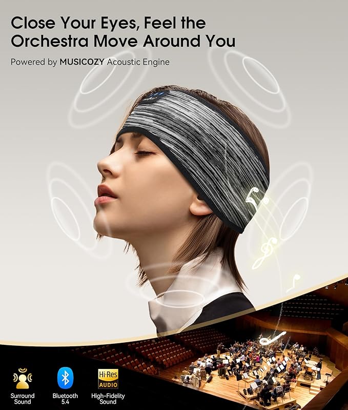 MUSICOZY Sleep Headphones Bluetooth 5.4 Headband, Wireless Earphones Music Sleep Earbuds Sleeping Eye Mask with HD Stereo Speakers for Workout Running Travel Yoga, Ideal Gifts for Women Men