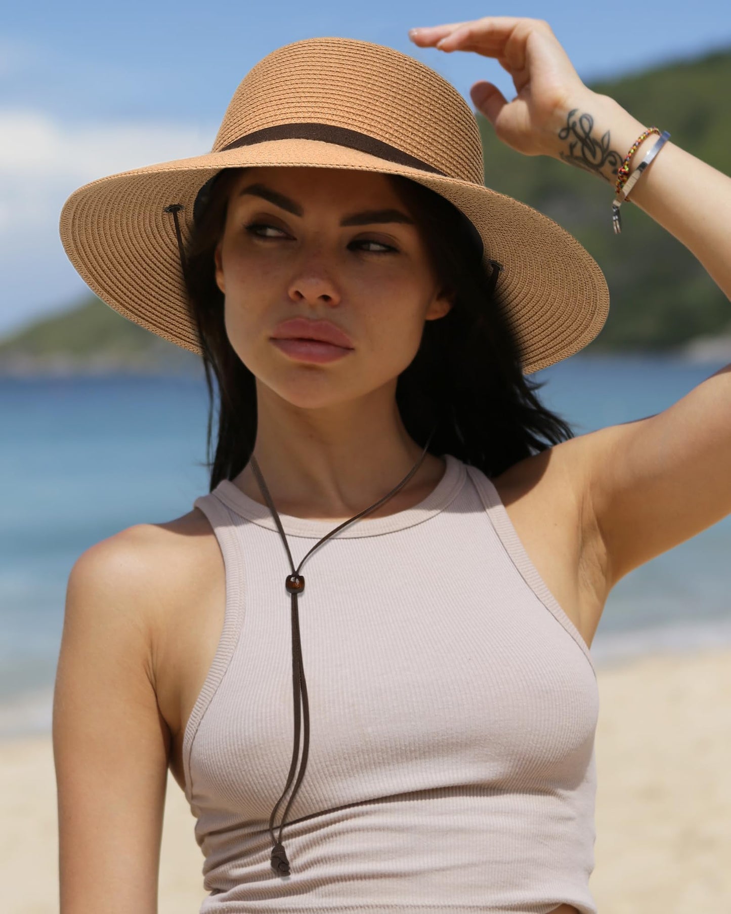 FURTALK Womens Wide Brim Sun Hat with Wind Lanyard UPF Summer Straw Sun Hats for Women Khaki