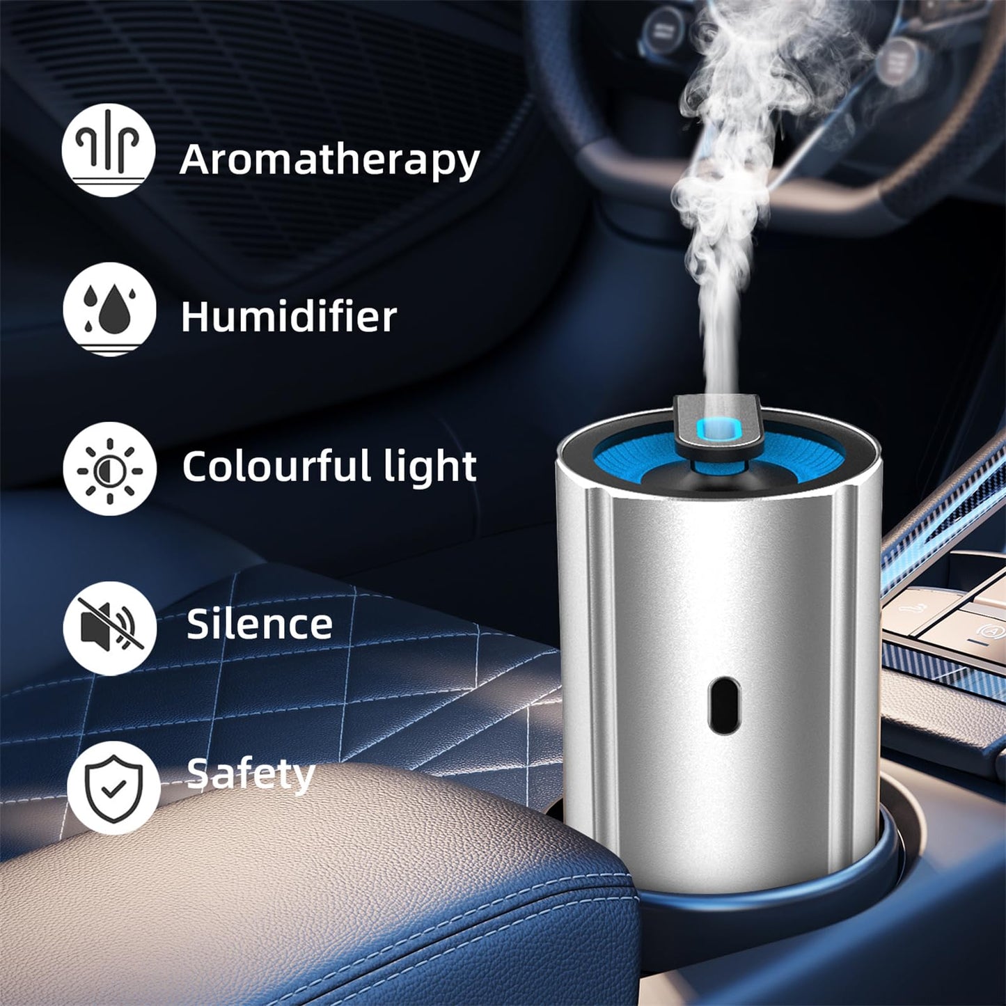 Aluminum Car Diffuser Essential Oil Car Aromatherapy Humidifier 100ml Personal Vehicle Scent Freshener Cool Mist Mini Portable Ultrasonic Diffuser with Colorful Lights for Small Space (Silver)